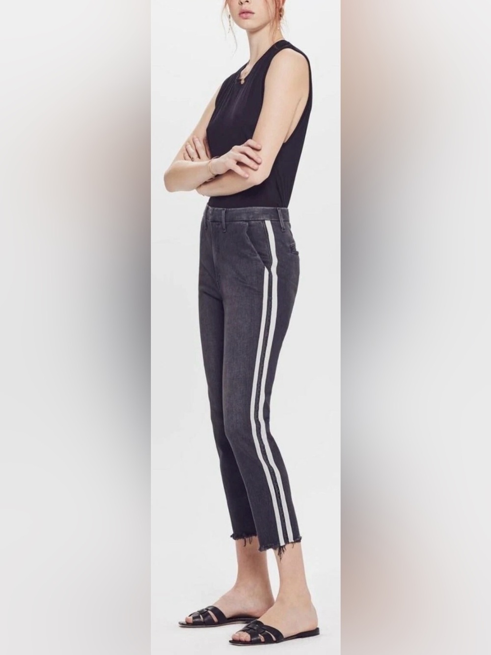 MOTHER The Shaker Prep Fray Jeans Dear Mr. Black Racer Side Stripe Crop 28